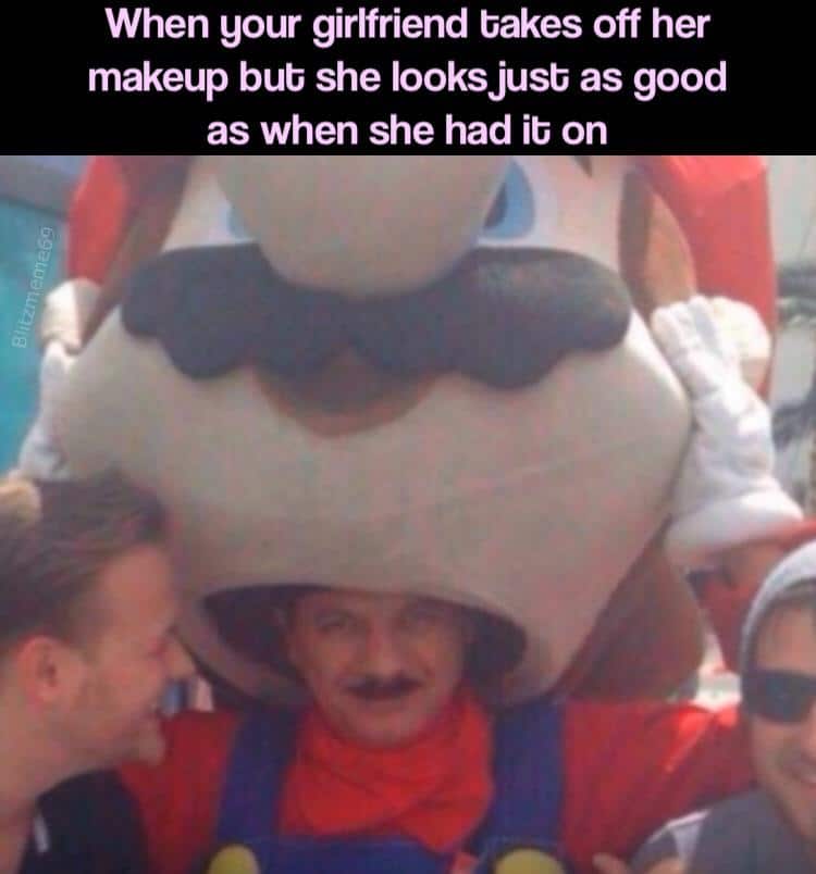 Cute, Wholesome Meme, Mario, Makeup, Body Positivity Wholesome Memes Cute, wholesome memes, MARIO, Makeup, Luigi text: When your girlfriend bakes off her makeup bub she looksjusb as good as when she had ib on 