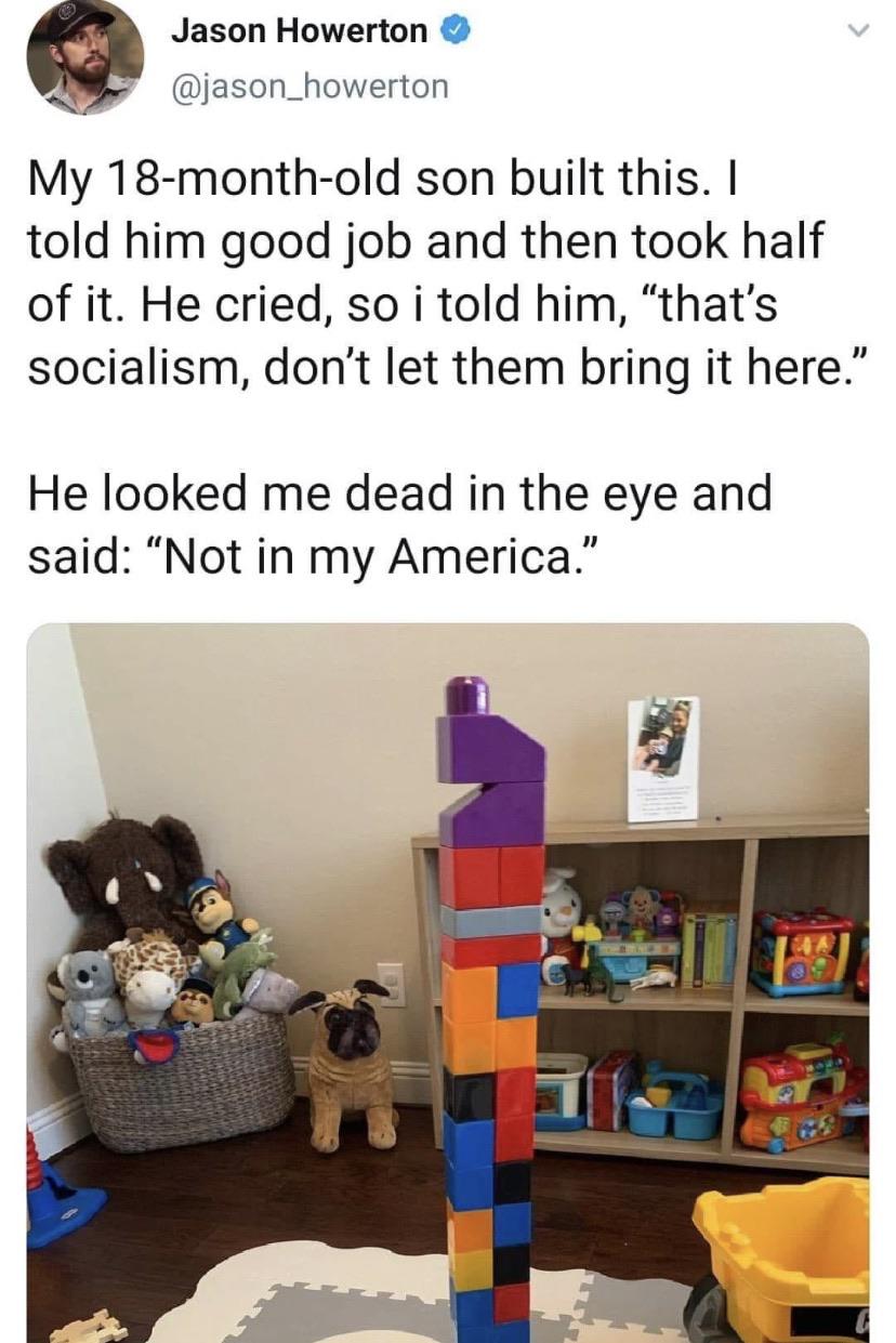Political, Americans, Trump, Person, America boomer memes Political, Americans, Trump, Person, America text: Jason Howerton @jason_howerton My 1 8-month-old son built this. I told him good job and then took half of it. He cried, so i told him, 