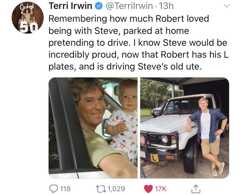 Black,  Wholesome Memes Black,  text: Terri Irwin @Terrilrwin 13h Remembering how much Robert loved being with Steve, parked at home pretending to drive. I know Steve would be incredibly proud, now that Robert has his L plates, and is driving Steve's old ute. 0118 to 1,029 • 17K 