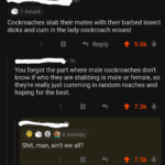 Dank Memes Hold up, Traumatic text: 6h 1 Award Cockroaches stab their mates with their barbed insect dicks and cum in the lady cockroach wound You forgot the part where male cockroaches don