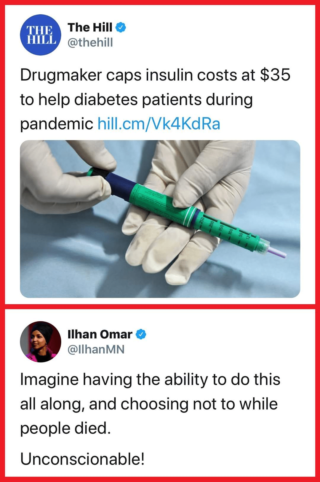 Tweets, American, UK, Sanofi, European, Europe Black Twitter Memes Tweets, American, UK, Sanofi, European, Europe text: The Hill e T11Fu @thehill Drugmaker caps insulin costs at $35 to help diabetes patients during pandemic hill.cm/Vk4KdRa Ilhan Omar @IlhanMN Imagine having the ability to do this all along, and choosing not to while people died. Unconscionable! 