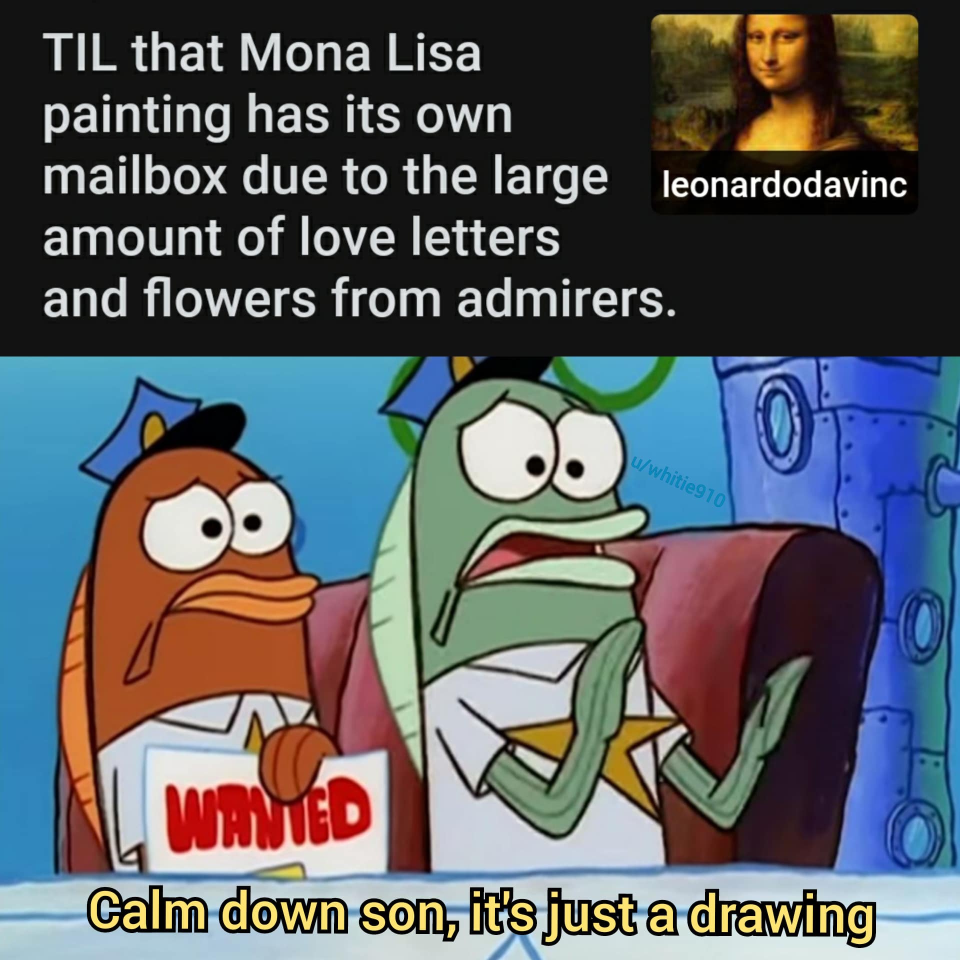 Spongebob, PM, Da Vinci, Yoshikage Kira, Mona Lisa, France Spongebob Memes Spongebob, PM, Da Vinci, Yoshikage Kira, Mona Lisa, France text: TIL that Mona Lisa painting has its own mailbox due to the large leonardodavinc amount of love letters and flowers from admirers. Calm down son, it's just a drawing 