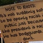 Political Memes Political, Trump, Biden, United States, Mexicans, Joe Biden text: NOTE To IDIOTS. IVs nob suddenly safe bo be openleg racisb in pubLic jusb because bhe presidenb is racisb. He has bodgsuards. You don