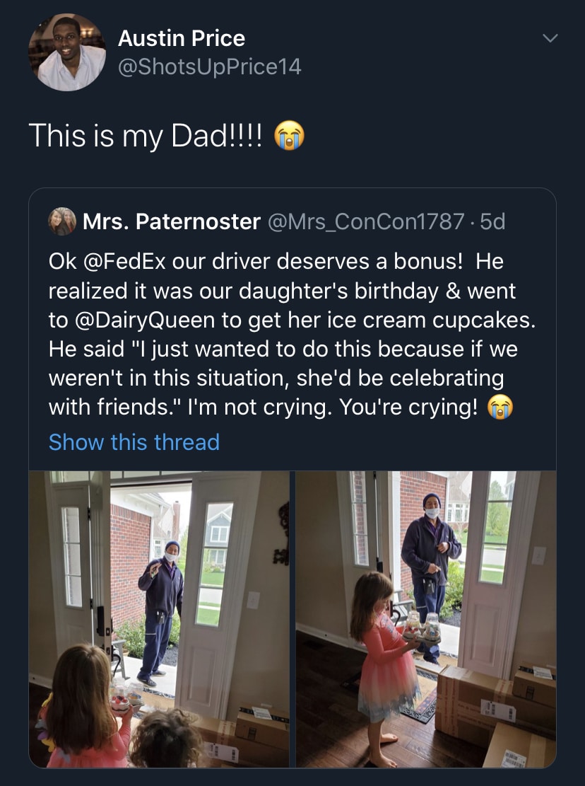 Tweets, UPS, Happy Birthday, Rodney, Fedex, Dairy Queen Black Twitter Memes Tweets, UPS, Happy Birthday, Rodney, Fedex, Dairy Queen text: Austin Price @ShotsUpPrice14 This is my Dad!!!! Mrs. Paternoster Ok @FedEx our driver deserves a bonus! He realized it was our daughter's birthday & went to @DairyQueen to get her ice cream cupcakes. He said 