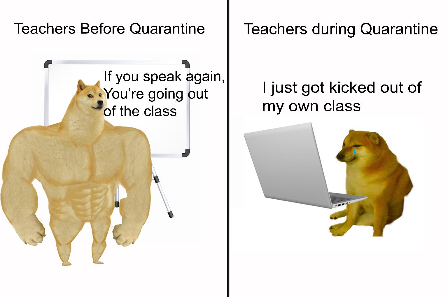 Dank,  Dank Memes Dank,  text: Teachers Before Quarantine If you speak again, , You're going ut of the class Teachers during Quarantine I just got kicked out of my own class 