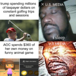 Political Memes Political, Trump text: trump spending millions of taxpayer dollars on constant golfing trips and sessions AOC spends $360 of her own money on funny animal game Flight Information City Alexa n dr ia X U.s. MEDIA s t"  Political, Trump