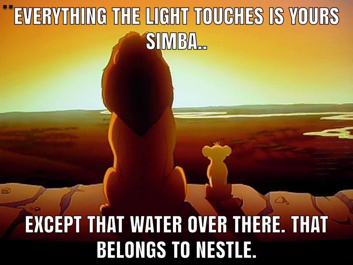 Water, Nestle, Visit, RepostSleuthBot, Negative, HydroHomies Water Memes Water, Nestle, Visit, RepostSleuthBot, Negative, HydroHomies text: EVERYTHING'THELIGHVTOUCHESISIYOURS SIMBA.. EXCEPT THAT WATER OVER THERE. THAT BELONGS TO NESTLE. 