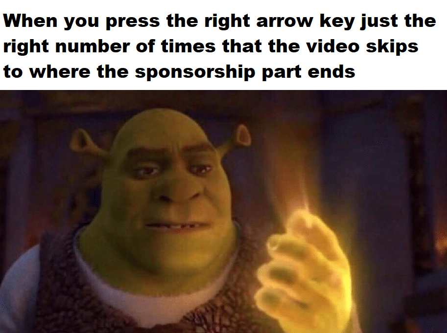 Dank, Shrek, Fiona, Donkey, Puss, Mom Dank Memes Dank, Shrek, Fiona, Donkey, Puss, Mom text: When you press the right arrow key just the right number of times that the video skips to where the sponsorship part ends 