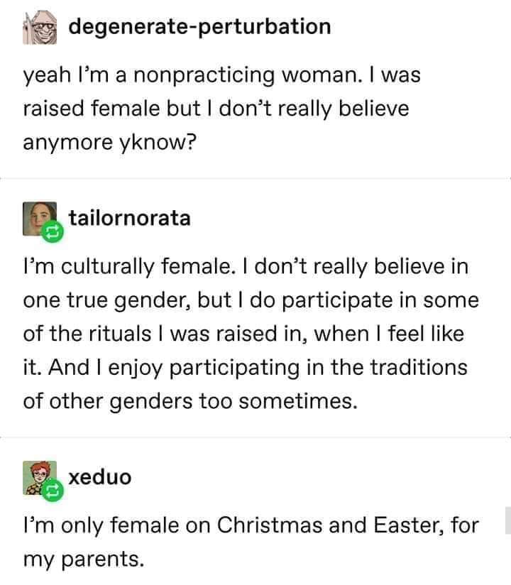 Women,  feminine memes Women,  text: degenerate-perturbation yeah I'm a nonpracticing woman. I was raised female but I don't really believe anymore yknow? tailornorata I'm culturally female. I don't really believe in one true gender, but I do participate in some of the rituals I was raised in, when I feel like it. And I enjoy participating in the traditions of other genders too sometimes. xeduo I'm only female on Christmas and Easter, for my parents. 