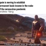 Yang Memes Ubi, Spain UBI Thanos text: Spain is moving to establish permanent basic income in the wake of the coronavirus pandemic Andrew Yang: ........-They called me a madma 