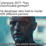 Dank Memes Cute, Orion, Morty, Cyberpunk, Blade Runner, Runner text: Cyberpunk 2077: *has customizable genitals* The developer who had to model 2695 different penises: live seejl things you people wouldn