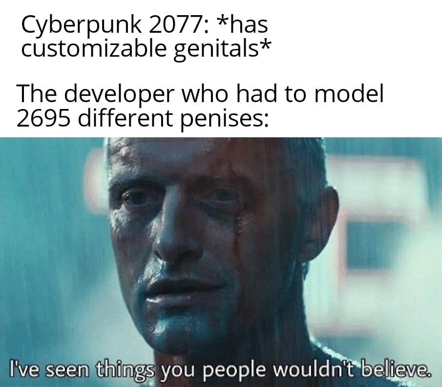 Cute, Orion, Morty, Cyberpunk, Blade Runner, Runner Dank Memes Cute, Orion, Morty, Cyberpunk, Blade Runner, Runner text: Cyberpunk 2077: *has customizable genitals* The developer who had to model 2695 different penises: live seejl things you people wouldn't believe. 
