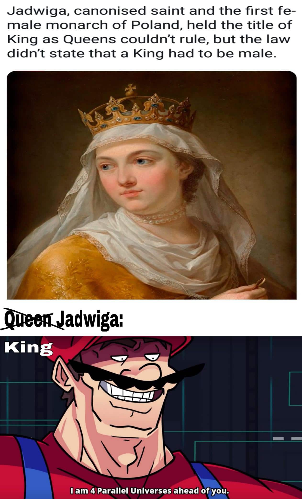 History, Poland, King, Jadwiga, Hungary, Civ History Memes History, Poland, King, Jadwiga, Hungary, Civ text: Jadwiga, canonised saint and the first fe- male monarch of Poland, held the title of King as Queens couldn't rule, but the law didn't state that a King had to be male. King I am 4 Parallel Universes ahead of you. 