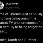 Game of thrones memes Game of thrones, Star Wars, GoT, TV, Season, Game text: SADSTORM @_sadstorm_ Game of Thrones just seriously went from being one of the greatest TV phenomenons of the 21 st century to being forgotten in 1 year... Thanks, Dumb and Dumber. 