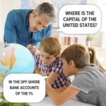 Political Memes Political, Wheres, USA text: WHERE IS THE CAPITAL OF THE UNITED STATES? IN THE OFF-SHORE BANK ACCOUNTS OF THE 1% 