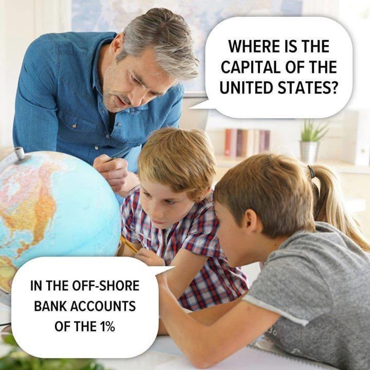 Political, Wheres, USA Political Memes Political, Wheres, USA text: WHERE IS THE CAPITAL OF THE UNITED STATES? IN THE OFF-SHORE BANK ACCOUNTS OF THE 1% 