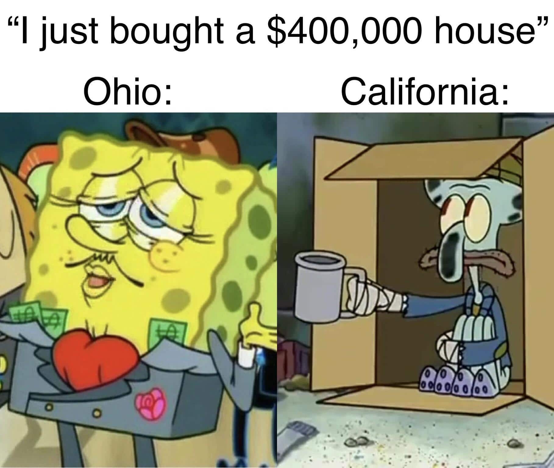 Spongebob Meme, Housing, Rich vs. Poor, Squidward Spongebob Memes Spongebob, Ohio, California, Wyoming, NYC, Midwest text: 
