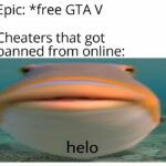 Dank Memes Dank, GTA, Visit, PC, Negative, Feedback text: Epic: *free GTA V Cheaters that got banned from online: helo  Dank, GTA, Visit, PC, Negative, Feedback