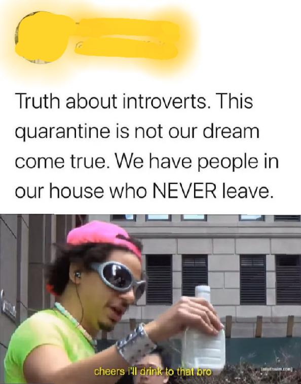 Funny, Reddit, Laughs, God, COVID other memes Funny, Reddit, Laughs, God, COVID text: Truth about introverts. This quarantine is not our dream come true. We have people in our house who NEVER leave. cheers i'il@riruo ro 