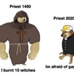Dank Memes Dank, Priest, Christian, Burn, Virgin, Southern Baptist Church text: Priest 1450 Priest 2020 1m afraid of gays I burnt 15 witches 