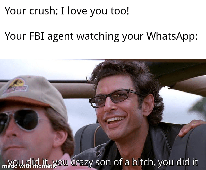 Cute, wholesome memes, Sam Wholesome Memes Cute, wholesome memes, Sam text: Your crush: I love you too! Your FBI agent watching your WhatsApp: mYdQUiäWekt ou of a bitch, you did it 