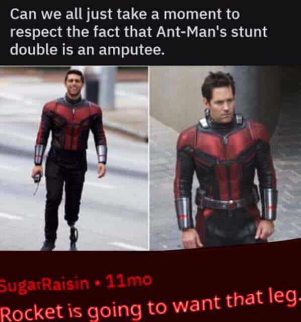 Thanos,  Avengers Memes Thanos,  text: Can we all just take a moment to respect the fact that Ant-Manis stunt double is an amputee. SugarRaisun • 1 Imo Rocket is going to want that leg. 