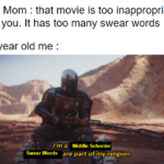 Star Wars Memes Sequel-memes, Skywalker, Rey text: My Mom : that movie is too inappropriate for you. It has too many swear words 14 year old me : I m a Middle Schooler are part of@iy iéligion. Swear Words  Sequel-memes, Skywalker, Rey