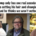 Political Memes Political, Trump, Mike Myers, Brent Spiner text: Trump only has one real associate: he just keeps cutting his hair and changing his name, and he thinks we won