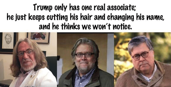 Political, Trump, Mike Myers, Brent Spiner Political Memes Political, Trump, Mike Myers, Brent Spiner text: Trump only has one real associate: he just keeps cutting his hair and changing his name, and he thinks we won't notice. 