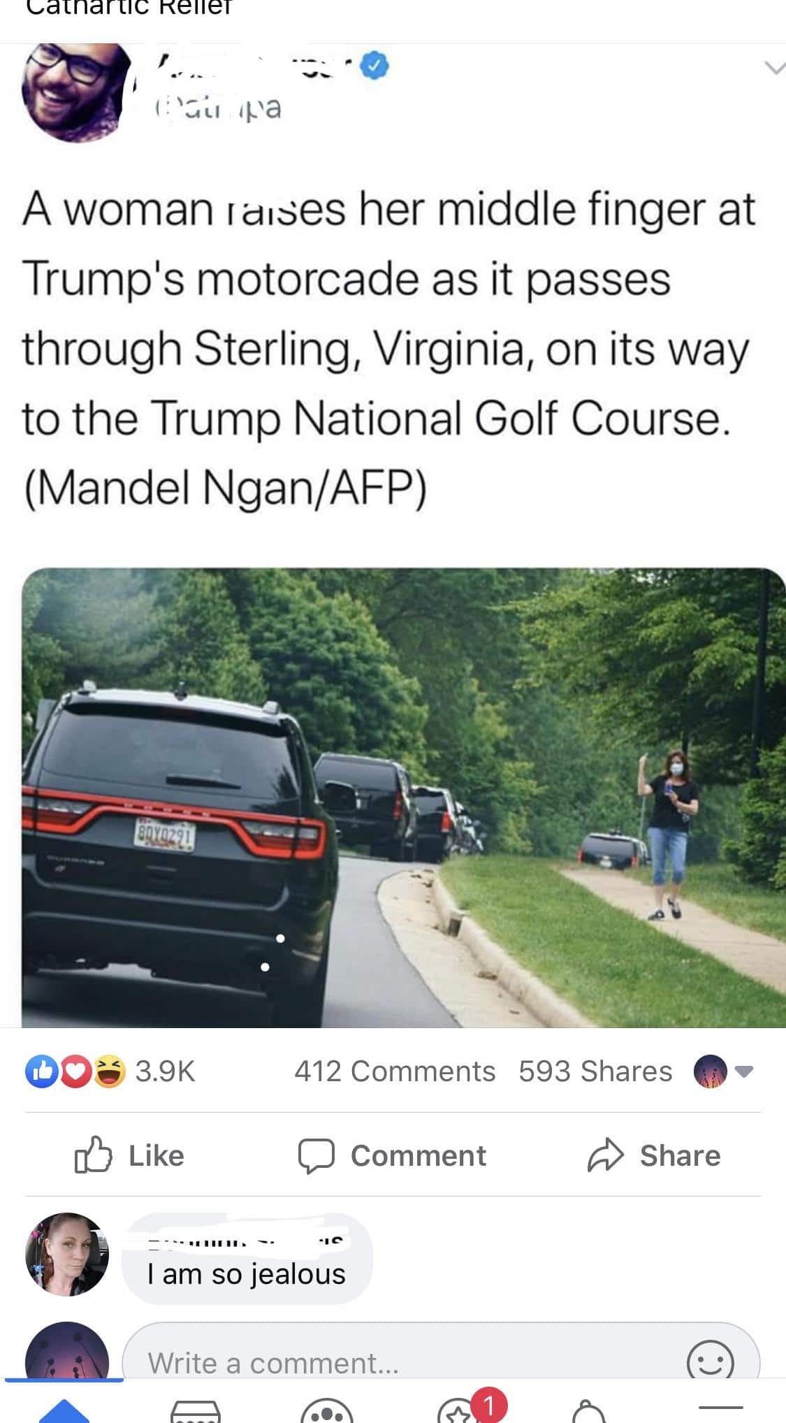 Political, Trump, IRVA, Vid, Em7, Virginia Political Memes Political, Trump, IRVA, Vid, Em7, Virginia text: A woman Idlses her middle finger at Trump's motorcade as it passes through Sterling, Virginia, on its way to the Trump National Golf Course. (Mandel Ngan/AFP) 3.9K [D Like 412 Comments 593 Shares C) Comment Share I am so jealous Write a comment... 