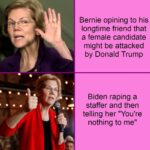 Political Memes Political, NDA, Biden text: Bernie opining to his longtime friend that a female candidate might be attacked by Donald Trump Biden raping a staffer and then telling her "You