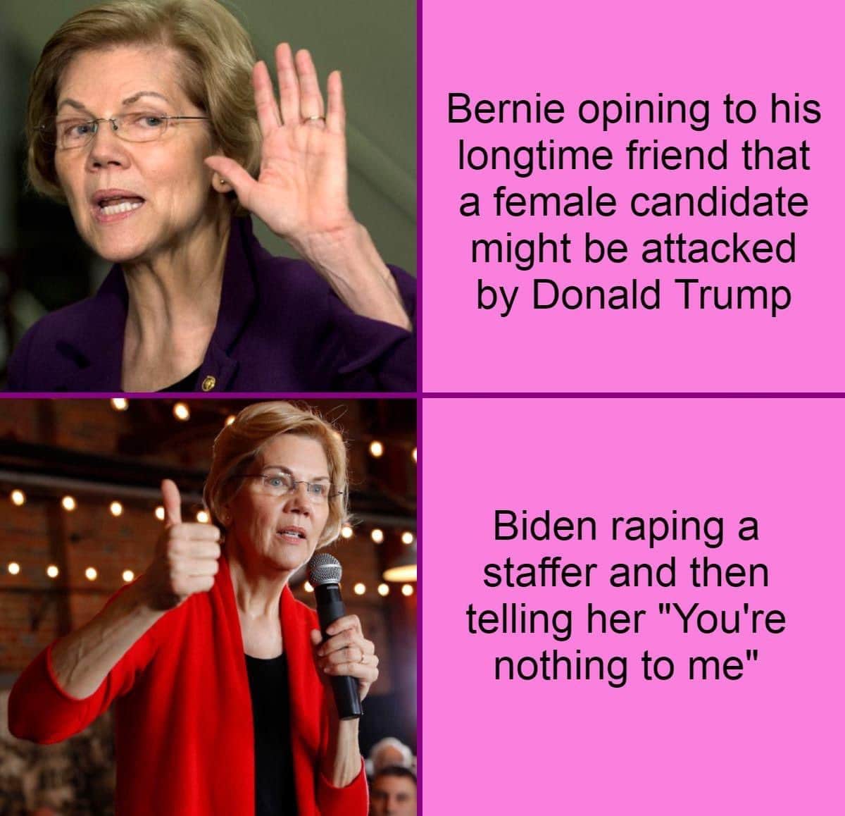 Political, NDA, Biden Political Memes Political, NDA, Biden text: Bernie opining to his longtime friend that a female candidate might be attacked by Donald Trump Biden raping a staffer and then telling her 
