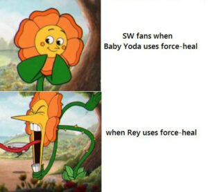 Star Wars Memes Sequel-memes, Yoda, Jedi, Baby Yoda, Star Wars, Anakin text: SW fans when Baby Yoda uses force-heal when Rey uses force-heal
