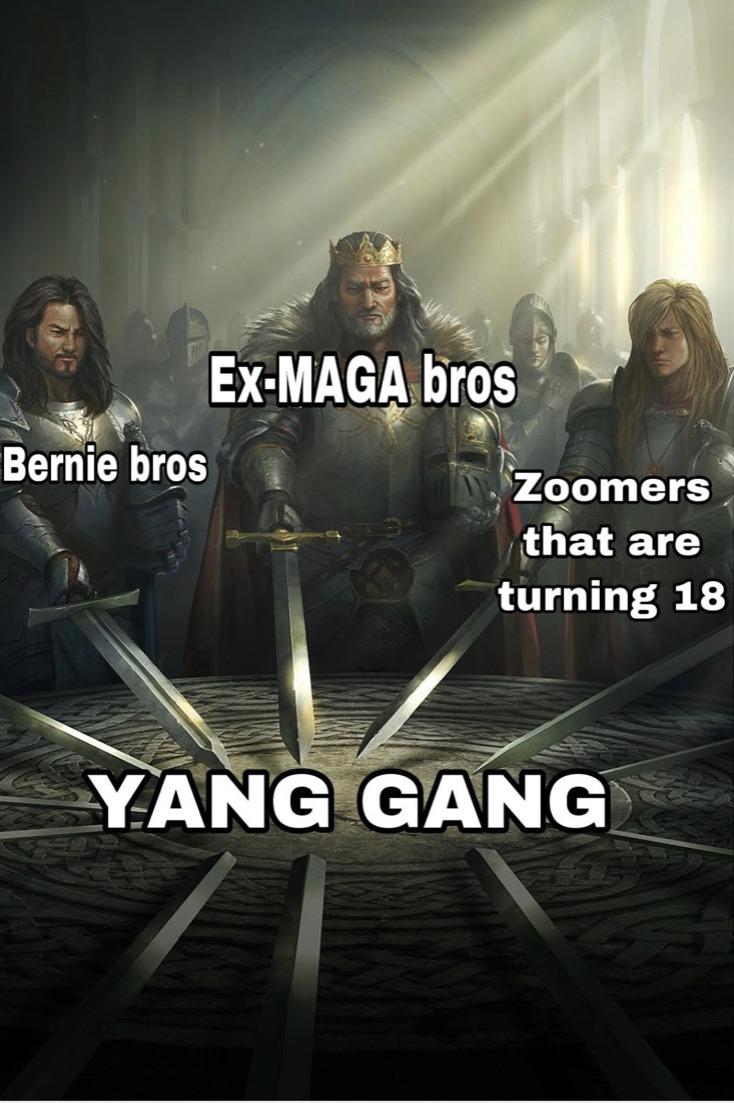 Yang, Untied Yang Memes Yang, Untied text: Ex.MAGA bros Bernie bros Zoomers *hat are turning 18 YANGYGANG 