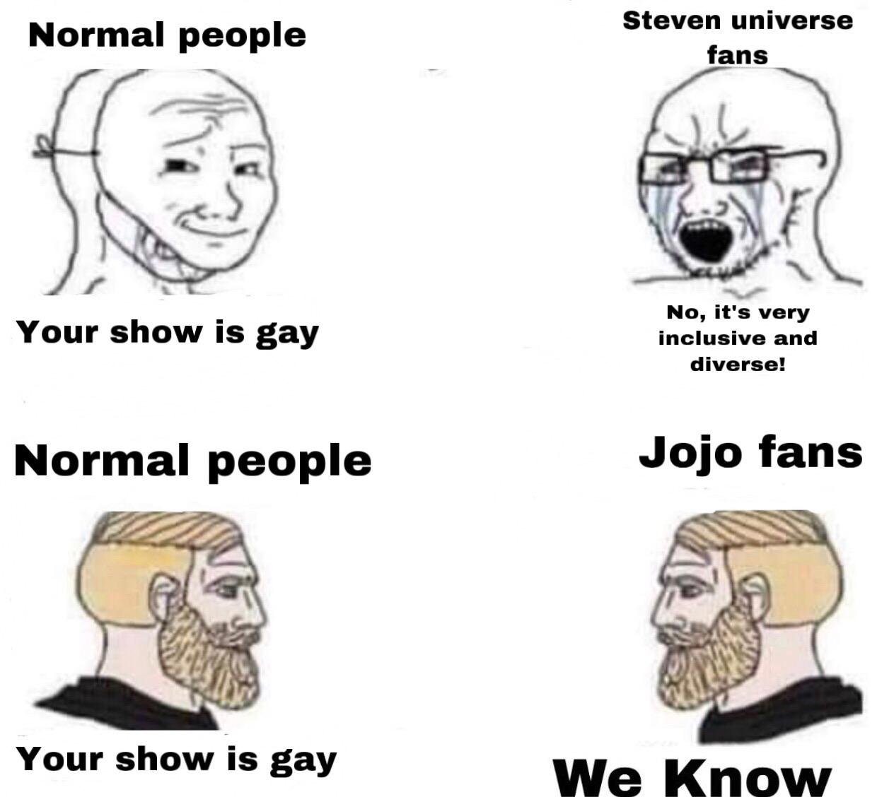 Dank, Steven, Steven Universe, JoJo, Jojo, Universe Dank Memes Dank, Steven, Steven Universe, JoJo, Jojo, Universe text: Your show is gay Normal people Your show is gay No, it's very inclusive and diverse! Jojo fans 