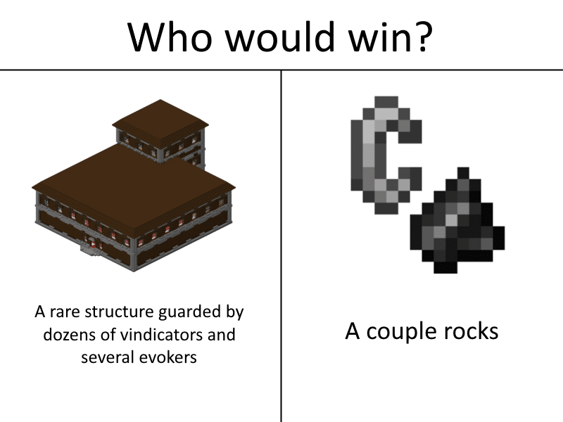 Minecraft,  minecraft memes Minecraft,  text: Who would win? A rare structure guarded by dozens of vindicators and several evokers A couple rocks 