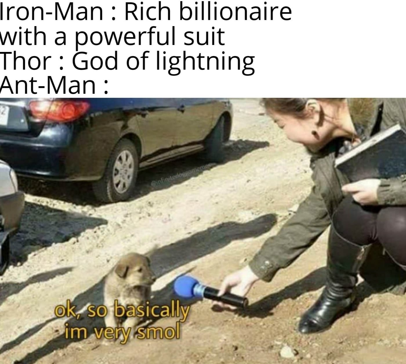 Funny, Thanos, Ant-Man, MCU, America, Thunder other memes Funny, Thanos, Ant-Man, MCU, America, Thunder text: Iron-Man : Rich billionaire with a powerful suit Thor : God of lightning Ant-Man : ok'sO basically im vei 