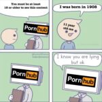 other memes Funny, Pornhub, January, Reddit, Harvey, FBI text: You must be at least 18 or older to see this content Porn hub Porn hub I was born in 1908 year Old ane I know you are lying buf ok porn hub  Funny, Pornhub, January, Reddit, Harvey, FBI