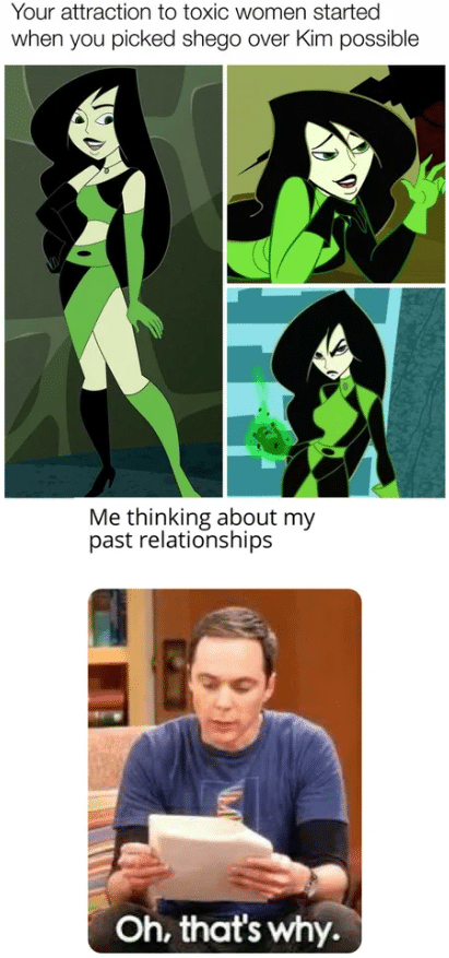 Funny, Kim, Azula, Kim Possible, Bonnie, Viper other memes Funny, Kim, Azula, Kim Possible, Bonnie, Viper text: Your attraction to toxic women started when you picked shego over Kim possible Me thinking about my past relationships Oh, that why. 
