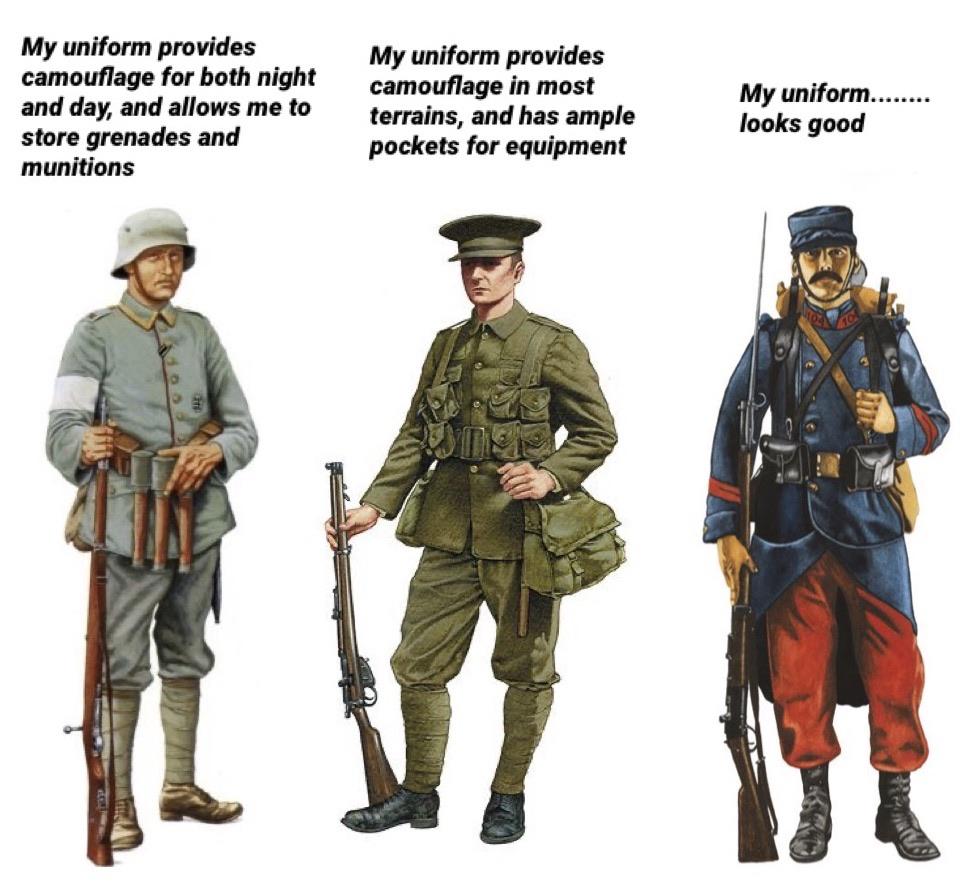 History, French, German, British, France, Wait History Memes History, French, German, British, France, Wait text: My uniform provides camouflage for both night and day, and allows me to store grenades and munitions My uniform provides camouflage in most terrains, and has ample pockets for equipment My uniform looks good 