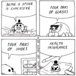 Comics Being a spider is expensive, America text: be(N6 A SPIDER /S EXP 6 NS/ V C FOUR PA/R5 OF SHOES c FOUR /N$VRnNCE  Being a spider is expensive, America