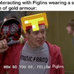 minecraft memes Minecraft,  text: Me interacting with Piglins wearing a single piece of gold armour: HOW DO 