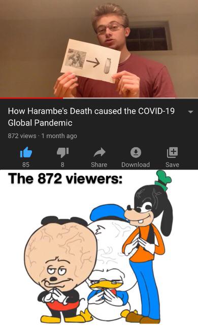 Funny, Harambe, BIG BRAIN TIME, Therapist, Sr Pelo, Math other memes Funny, Harambe, BIG BRAIN TIME, Therapist, Sr Pelo, Math text: How Harambe's Death caused the COVID-19 Global Pandemic 872 views • 1 month ago 85 Share Download Save The 872 viewers: 