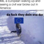 other memes Funny, American, Europe, USA, Canadian, Minnesota text: Me, a European waking up and seeing a civil war broke out in America: da fuck they doin ova der  Funny, American, Europe, USA, Canadian, Minnesota