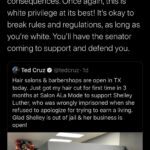 Black Twitter Memes Tweets, Cruz, Ted Cruz, Texas, Trump, Texans text: Jayla Allen @jaylajallen WRONGLY IMPRISONED She violated an order, and faced the consequences. Once again, this is white privilege at its best! It