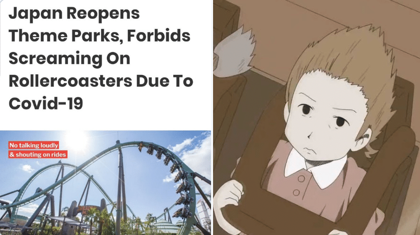 Funny, Japan, Nichijou, Cake Day other memes Funny, Japan, Nichijou, Cake Day text: Japan Reopens Theme Parks, Forbids Screaming On Rollercoasters Due To Covid-19 No talking loudly 
