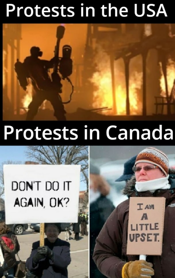 Funny, Canada, Canadian, Canadians, USA, Pyro other memes Funny, Canada, Canadian, Canadians, USA, Pyro text: Protests in the USA Protests in Canada DONT DO IT AGAIN OK? LITTLE UPSET. 