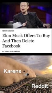 other memes Dank, Karen, Facebook, Karens, Reddit, Instagram text: TECHNOLOGY Elon Musk Offers To Buy And Then Delete Facebook BY JAMES SCHLARMANN Karens Reddit-
