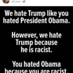 Political Memes Political, Obama, Alyssa Milano, Americans, Milano, Bush text: Alyssa Milano 40 mins •S We hate Trump like you hated President Obama. However, we hate Trump because he IS racist. You hated Obama because you are racist.  Political, Obama, Alyssa Milano, Americans, Milano, Bush