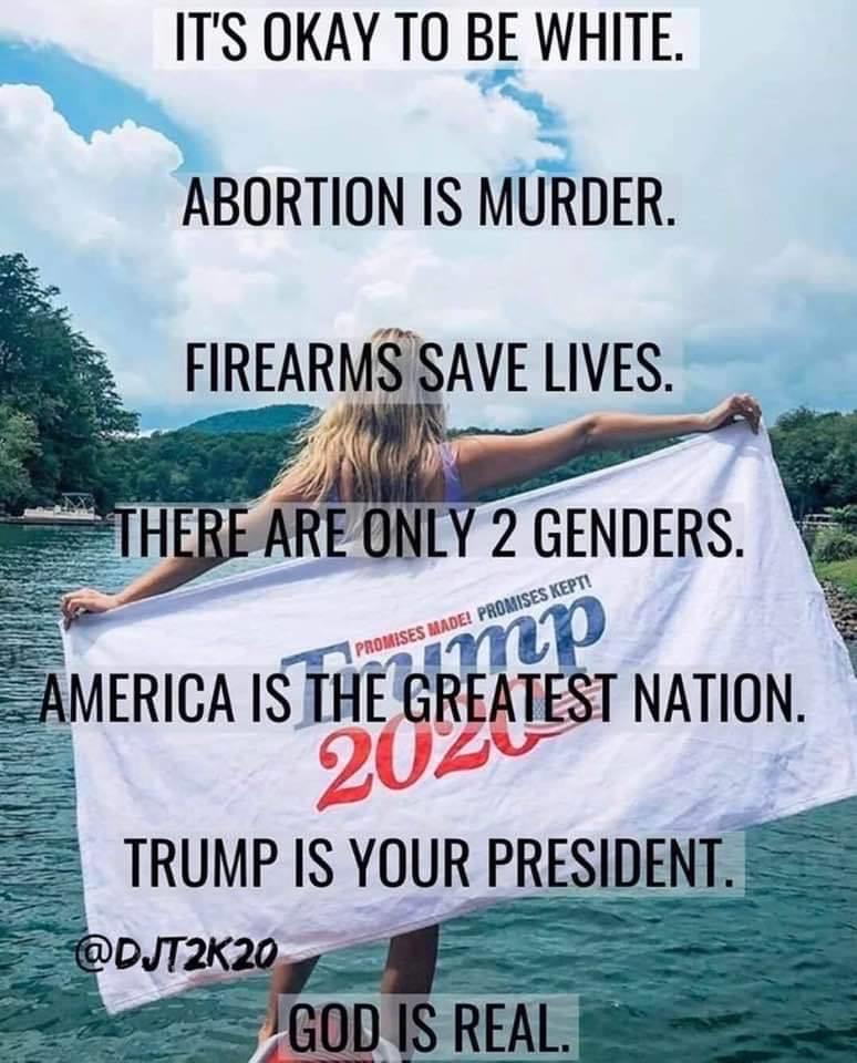 Political, Trump, God boomer memes Political, Trump, God text: IT'S OKAY TO BE WHITE. ABORTION IS MURDER. FIREARMS SAVE LIVES. ARE ONLY 2 GENDERS. NATION. TRUMP IS YOUR PRESIDENT. GOD IS REAL. 